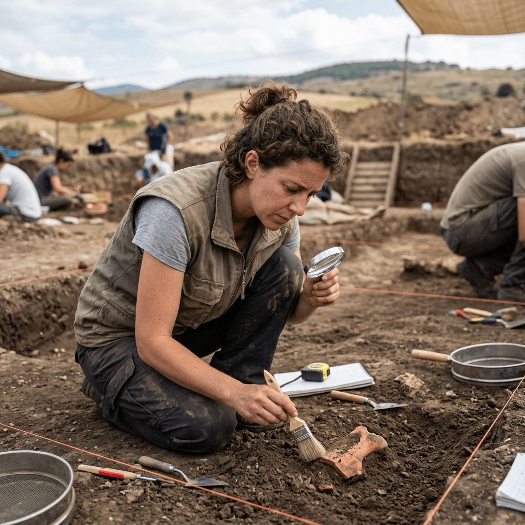 Archaeologist cleaning pottery shards with brush and magnifying glass at dig site