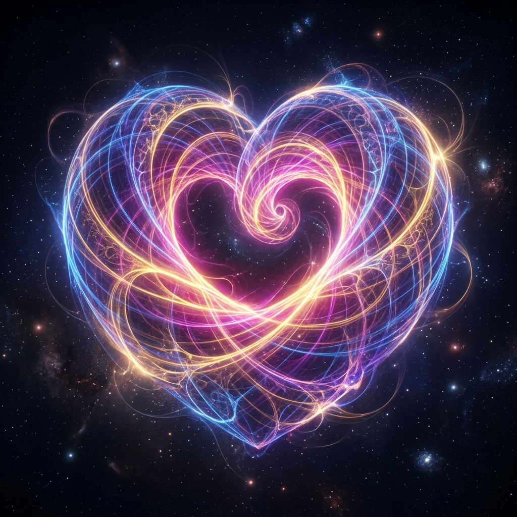 Brightly glowing neon heart shape with blue and orange swirls in space